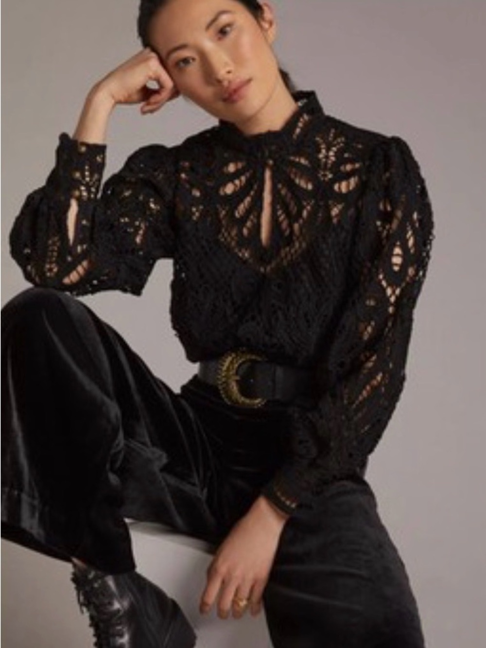 Anthropologie Embroidered Lace Blouse Top Victorian Black